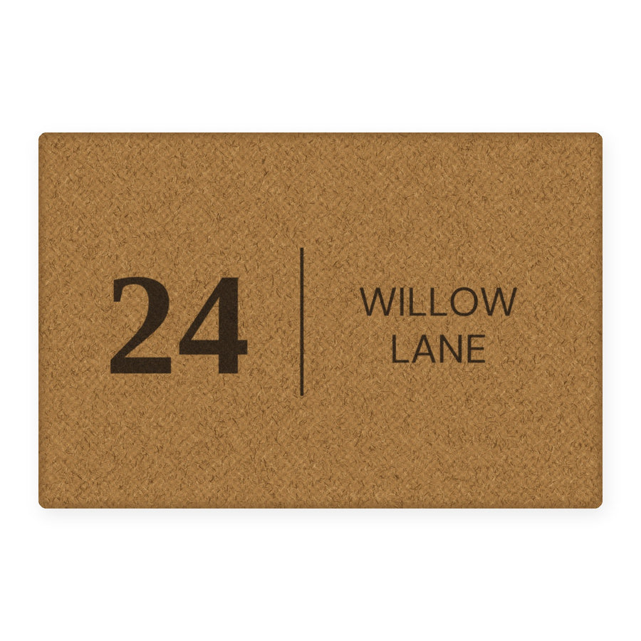 The Number & Street personalised coir doormat, preview of the actual print design with example wording 24 Willow Lane