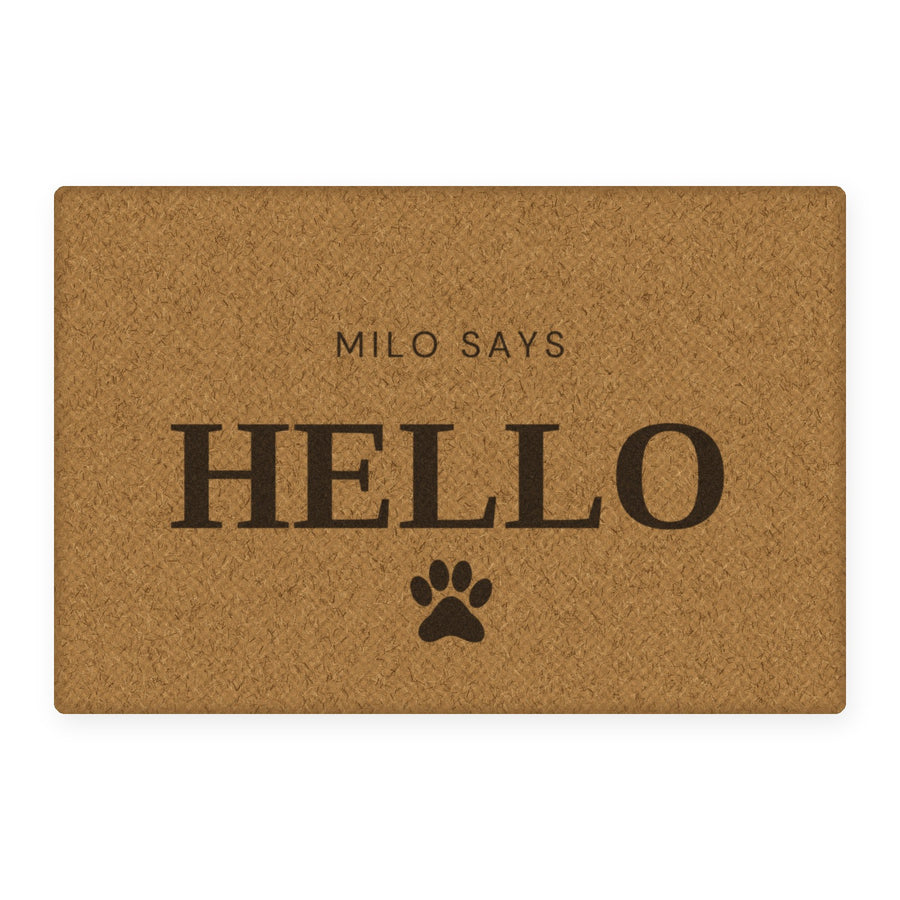 The Dog Welcome personalised coir doormat, preview of the actual print design with example wording Milo says Hello
